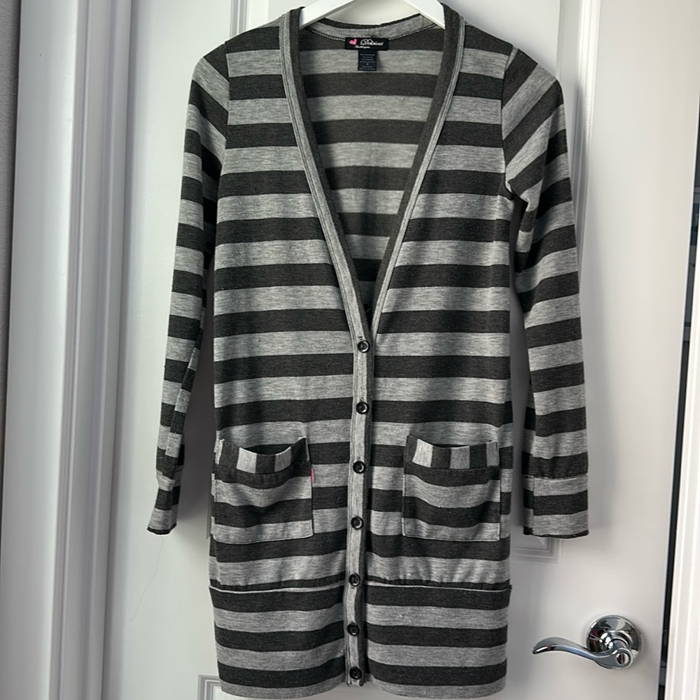 Grey Striped Long Lightweight Cardigan Sweater